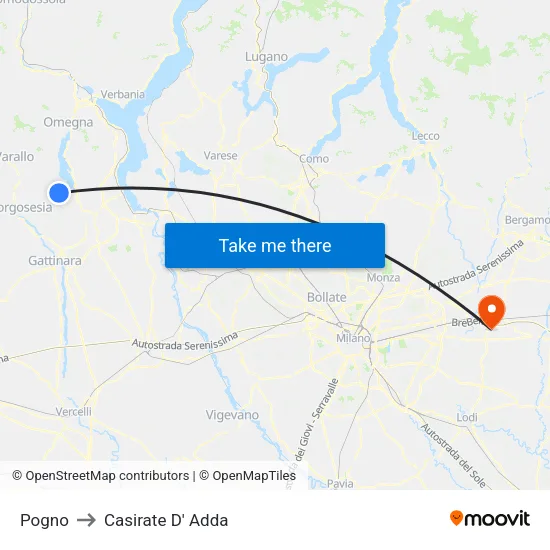 Pogno to Casirate D' Adda map