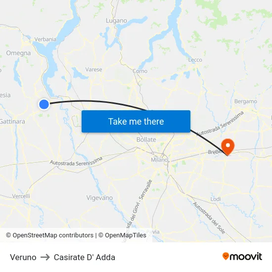 Veruno to Casirate D' Adda map