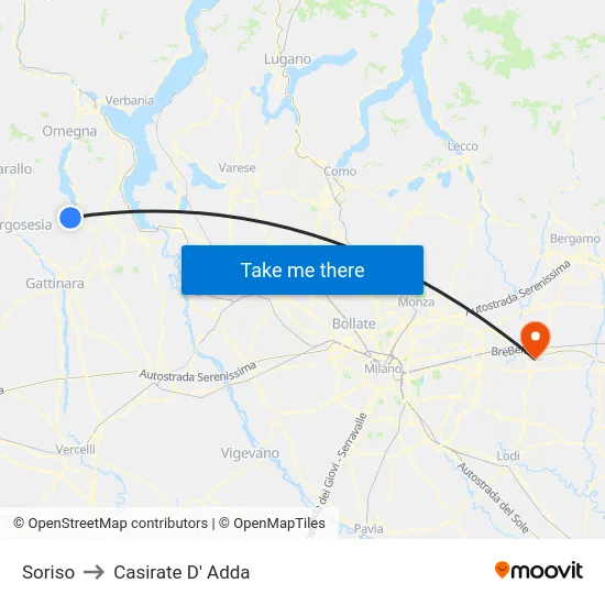 Soriso to Casirate D' Adda map