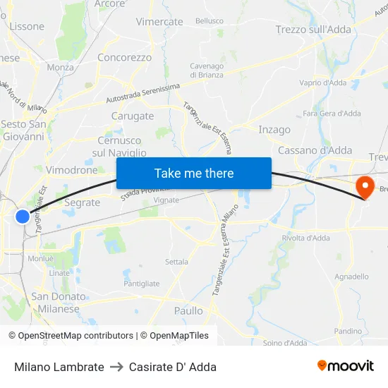 Milano Lambrate to Casirate D' Adda map