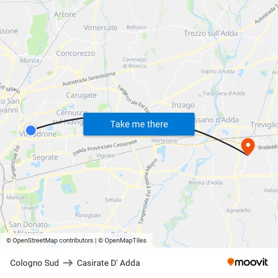 Cologno Sud to Casirate D' Adda map