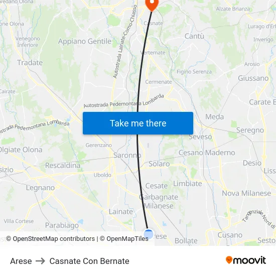Arese to Casnate Con Bernate map