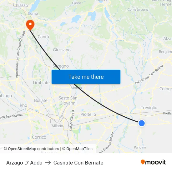 Arzago D' Adda to Casnate Con Bernate map