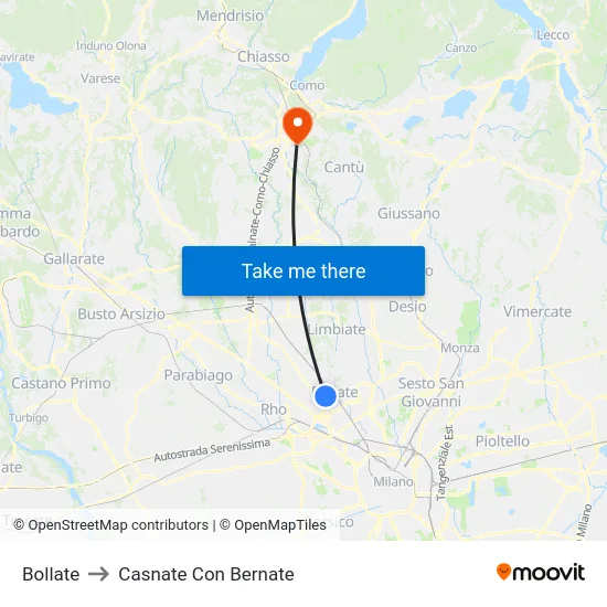 Bollate to Casnate Con Bernate map
