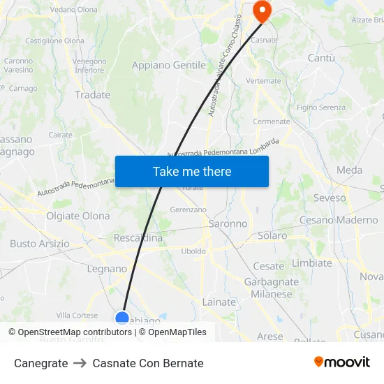 Canegrate to Casnate Con Bernate map