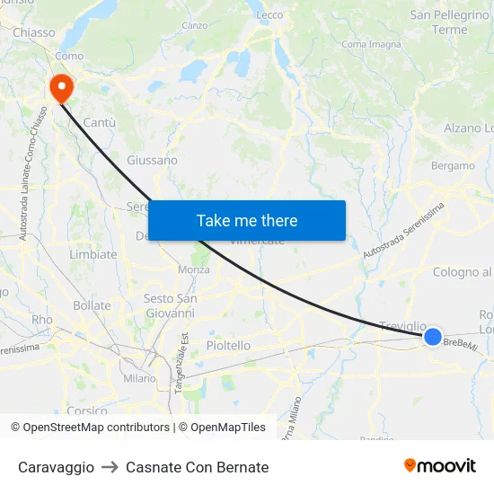 Caravaggio to Casnate Con Bernate map