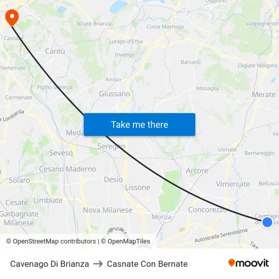 Cavenago Di Brianza to Casnate Con Bernate map