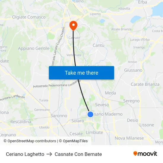 Ceriano Laghetto to Casnate Con Bernate map