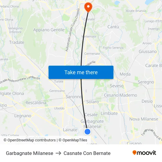 Garbagnate Milanese to Casnate Con Bernate map
