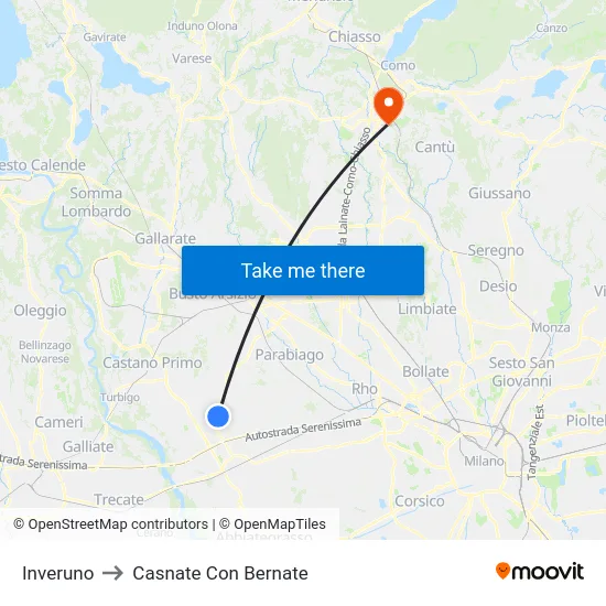 Inveruno to Casnate Con Bernate map