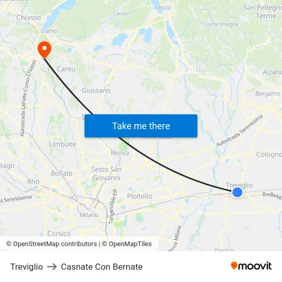 Treviglio to Casnate Con Bernate map