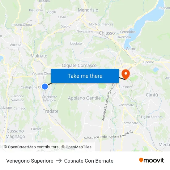 Venegono Superiore to Casnate Con Bernate map