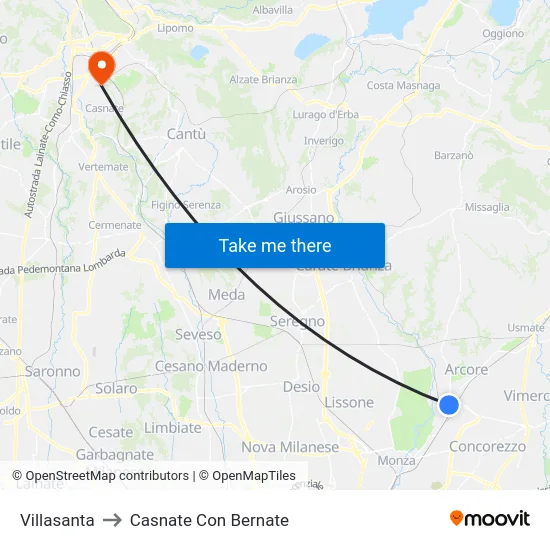 Villasanta to Casnate Con Bernate map
