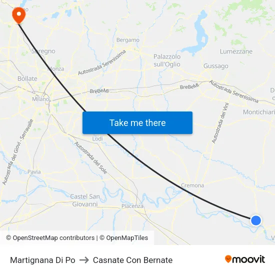 Martignana Di Po to Casnate Con Bernate map