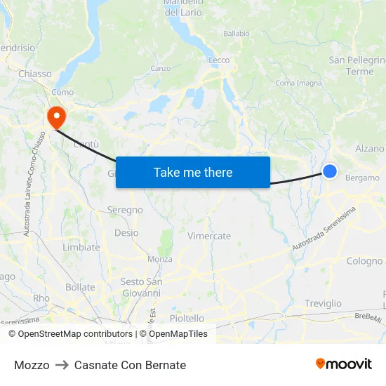 Mozzo to Casnate Con Bernate map