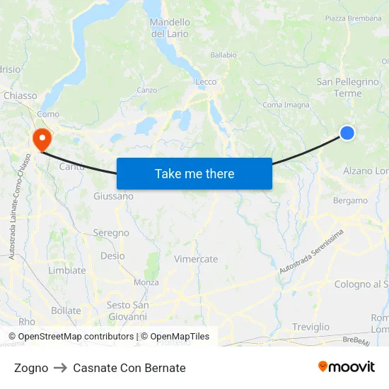 Zogno to Casnate Con Bernate map