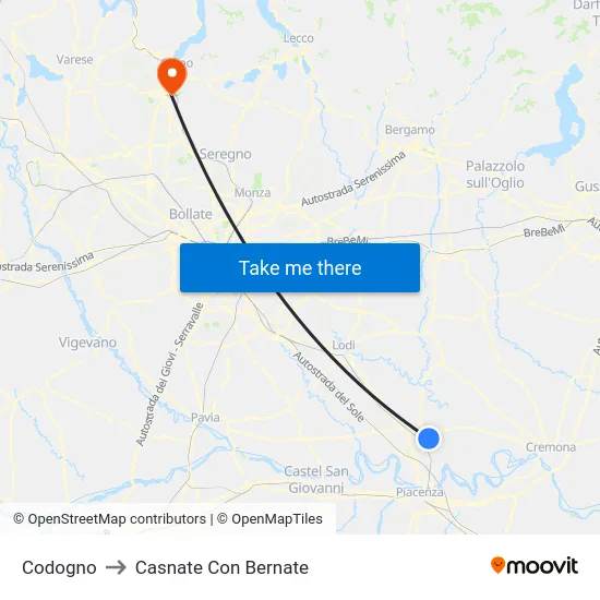 Codogno to Casnate Con Bernate map