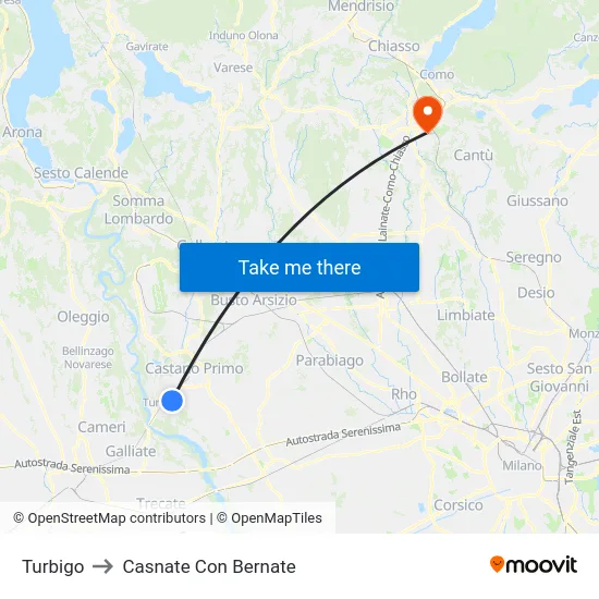 Turbigo to Casnate Con Bernate map