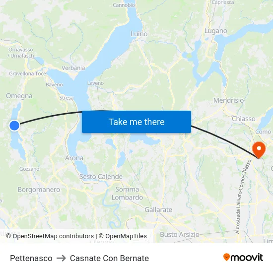 Pettenasco to Casnate Con Bernate map