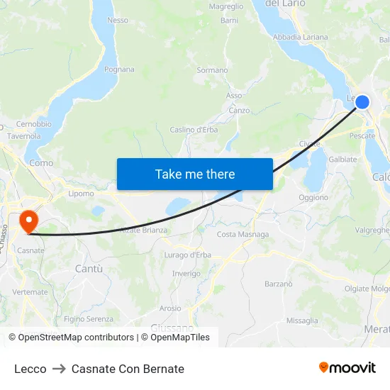 Lecco to Casnate Con Bernate map