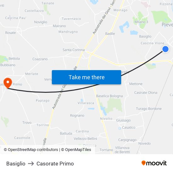Basiglio to Casorate Primo map