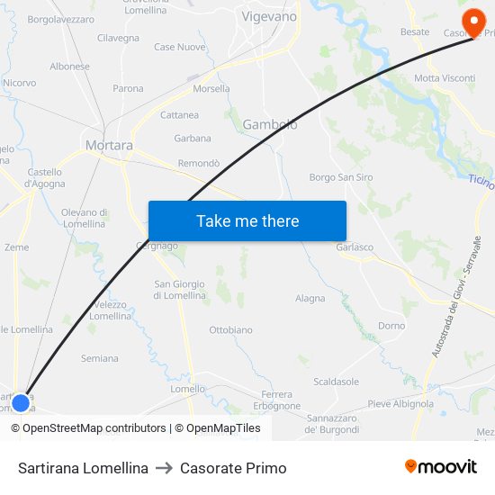 Sartirana Lomellina to Casorate Primo map