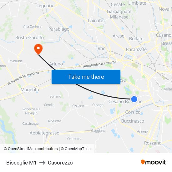 Bisceglie M1 to Casorezzo map
