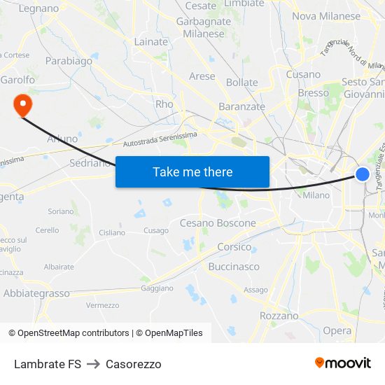 Lambrate FS to Casorezzo map