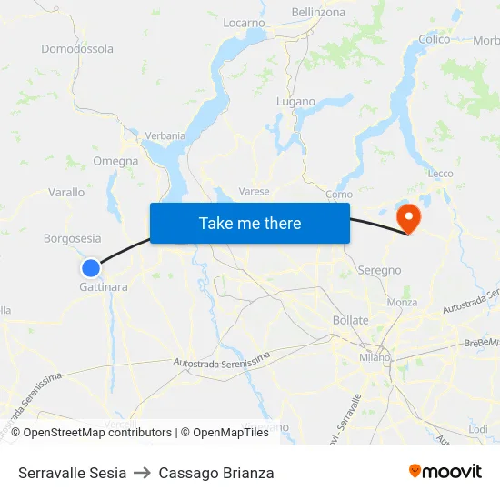 Serravalle Sesia to Cassago Brianza map