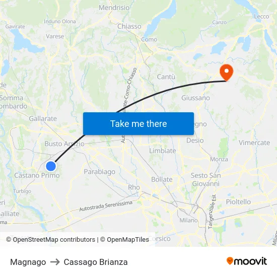 Magnago to Cassago Brianza map