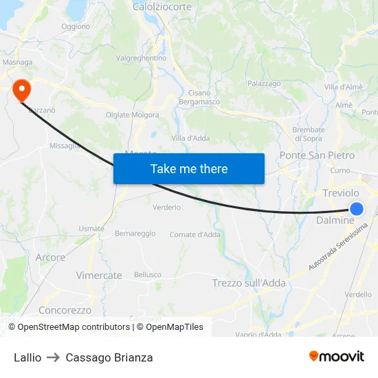 Lallio to Cassago Brianza map