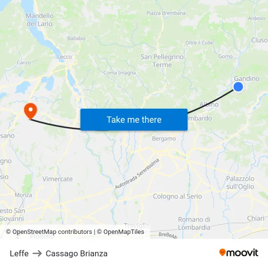 Leffe to Cassago Brianza map