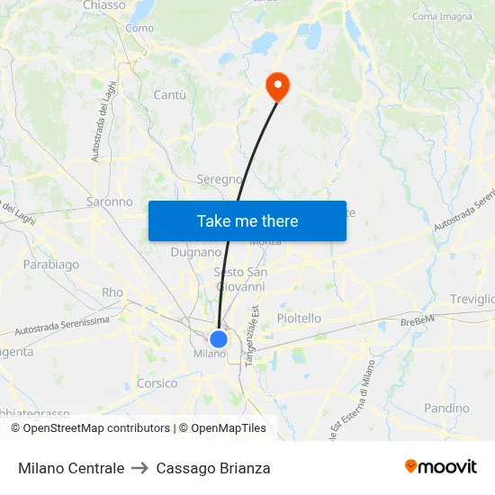 Milan Central to Cassago Brianza map