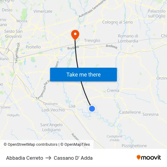 Abbadia Cerreto to Cassano D'Adda map