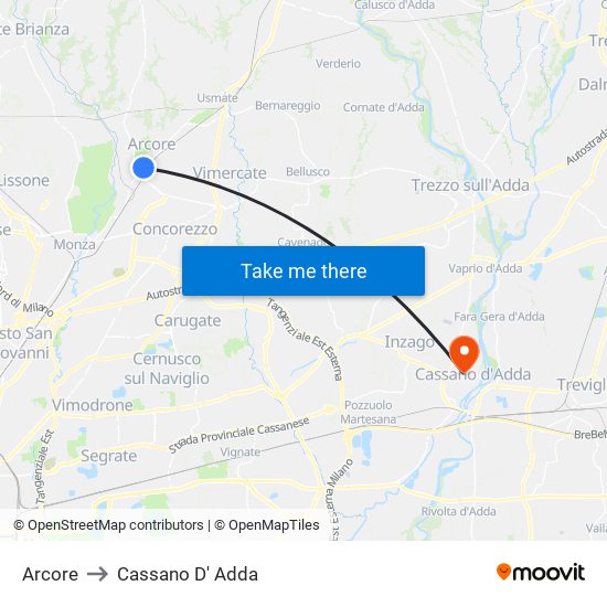 Arcore to Cassano D' Adda map