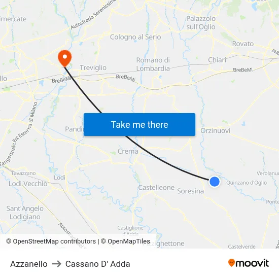 Azzanello to Cassano D'Adda map
