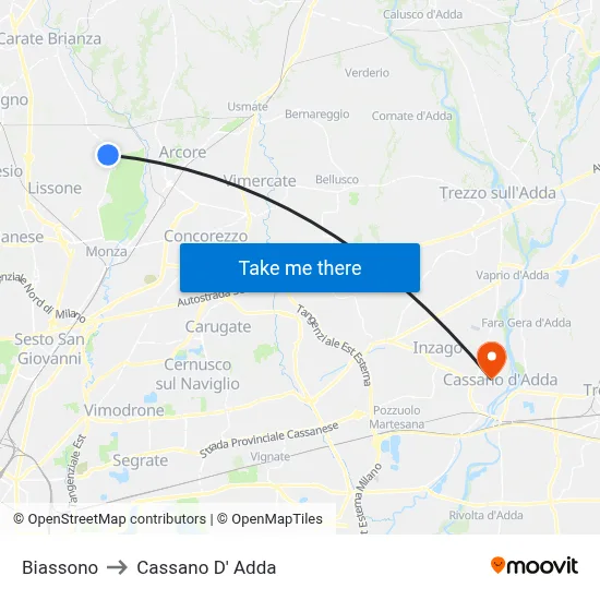 Biassono to Cassano D' Adda map