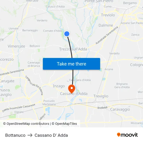 Bottanuco to Cassano D'Adda map