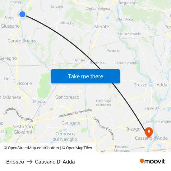 Briosco to Cassano D' Adda map