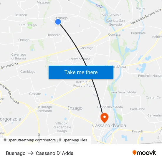 Busnago to Cassano D'Adda map