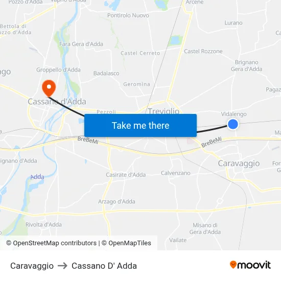 Caravaggio to Cassano D'Adda map