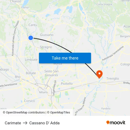 Carimate to Cassano D' Adda map