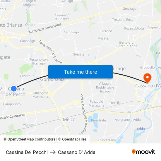 Cassina De' Pecchi to Cassano D' Adda map