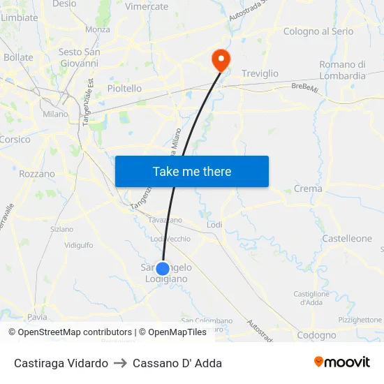 Castiraga Vidardo to Cassano D' Adda map