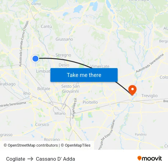 Cogliate to Cassano D' Adda map