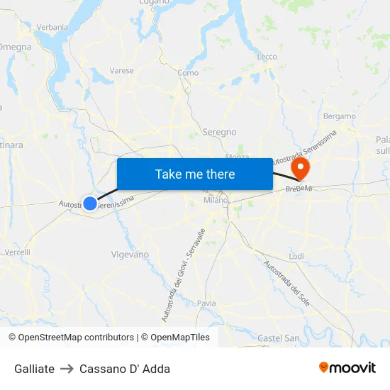 Galliate to Cassano D'Adda map