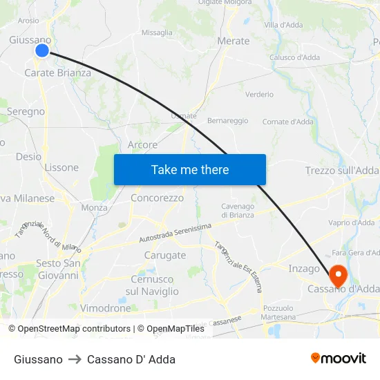 Giussano to Cassano D'Adda map