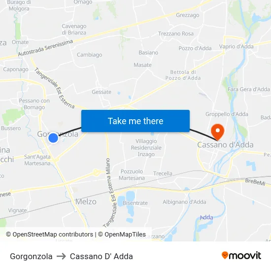 Gorgonzola to Cassano D'Adda map