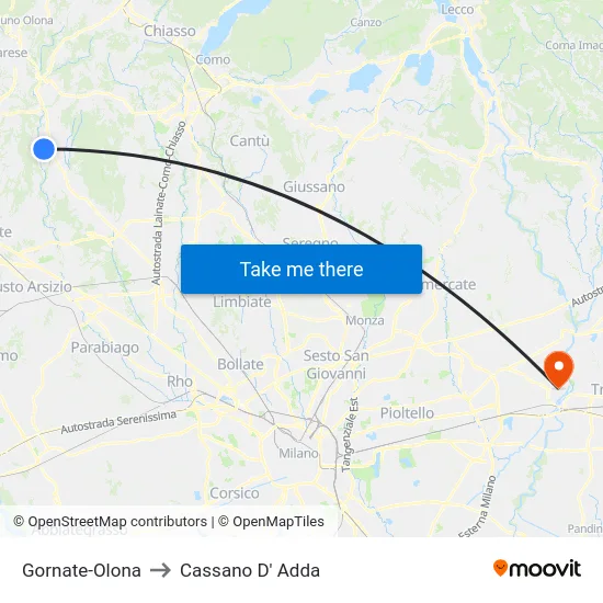 Gornate-Olona to Cassano D'Adda map