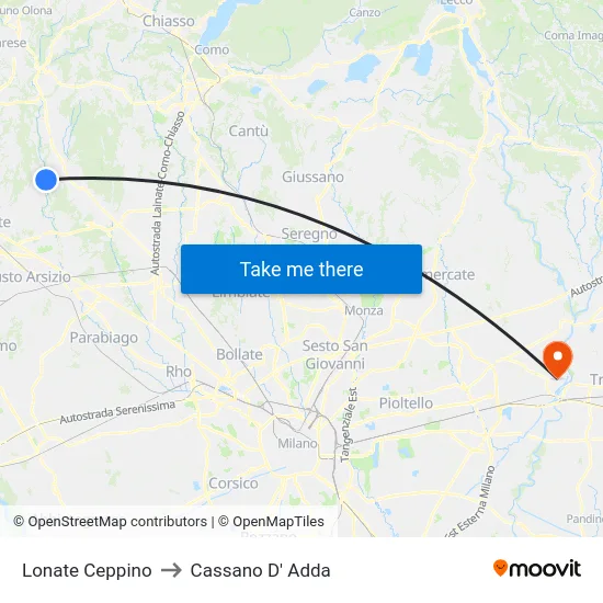 Lonate Ceppino to Cassano D' Adda map